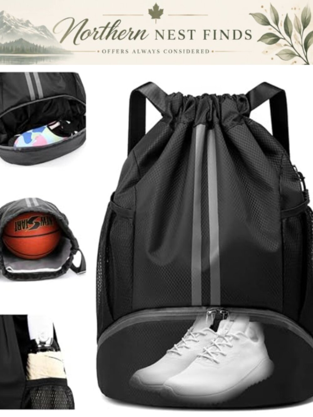 Water-Resistant Drawstring Backpack Gym Bag with Shoe Compartment & Wet Pocket